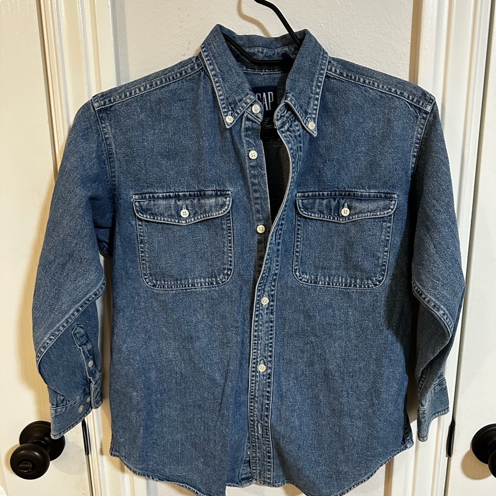 Y2K GAP Kids Denim Button-Up (Size M) — 100% Cotton Vintage Wash: